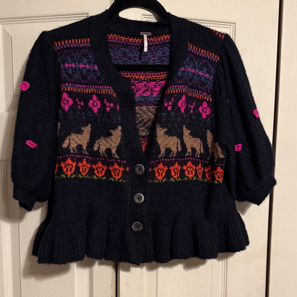 Free People Black Patterned Wolf Pack Sweater